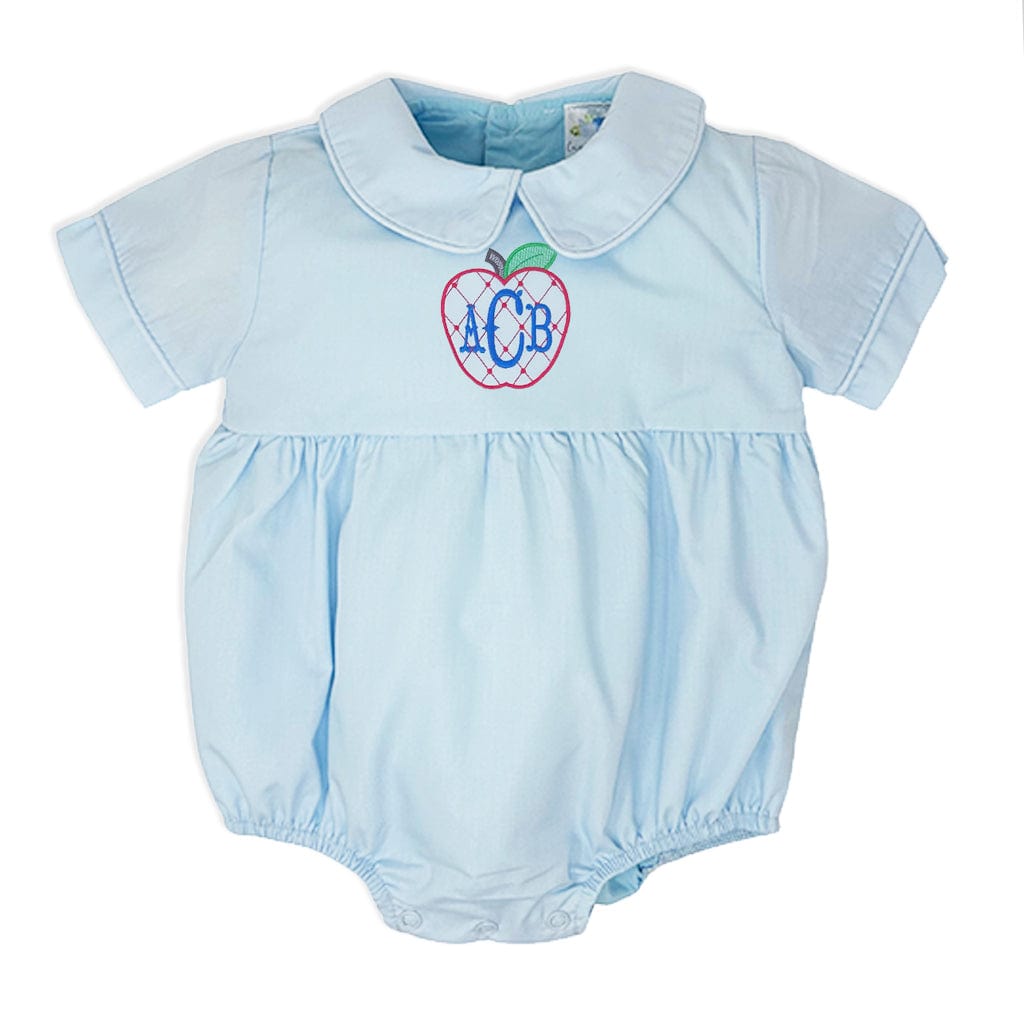 Light blue baby romper with monogrammed apple design Back to school