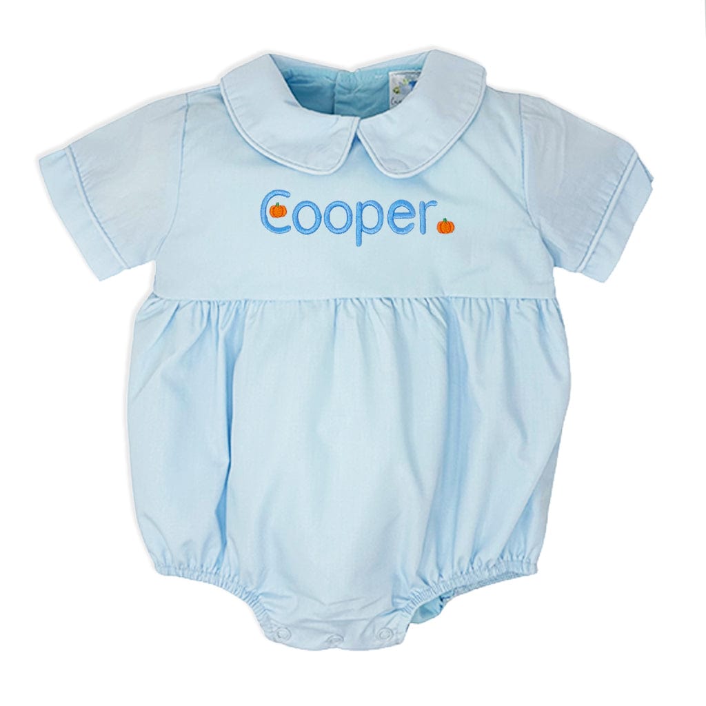 blue boys outfit with name pumpkins fall