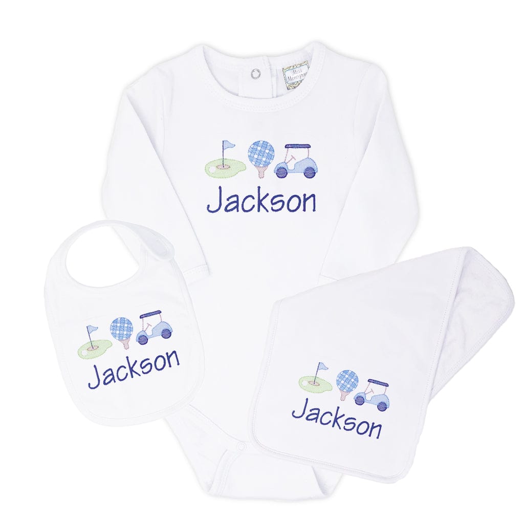 Baby boy golf bodysuit, bib, & burp cloth set