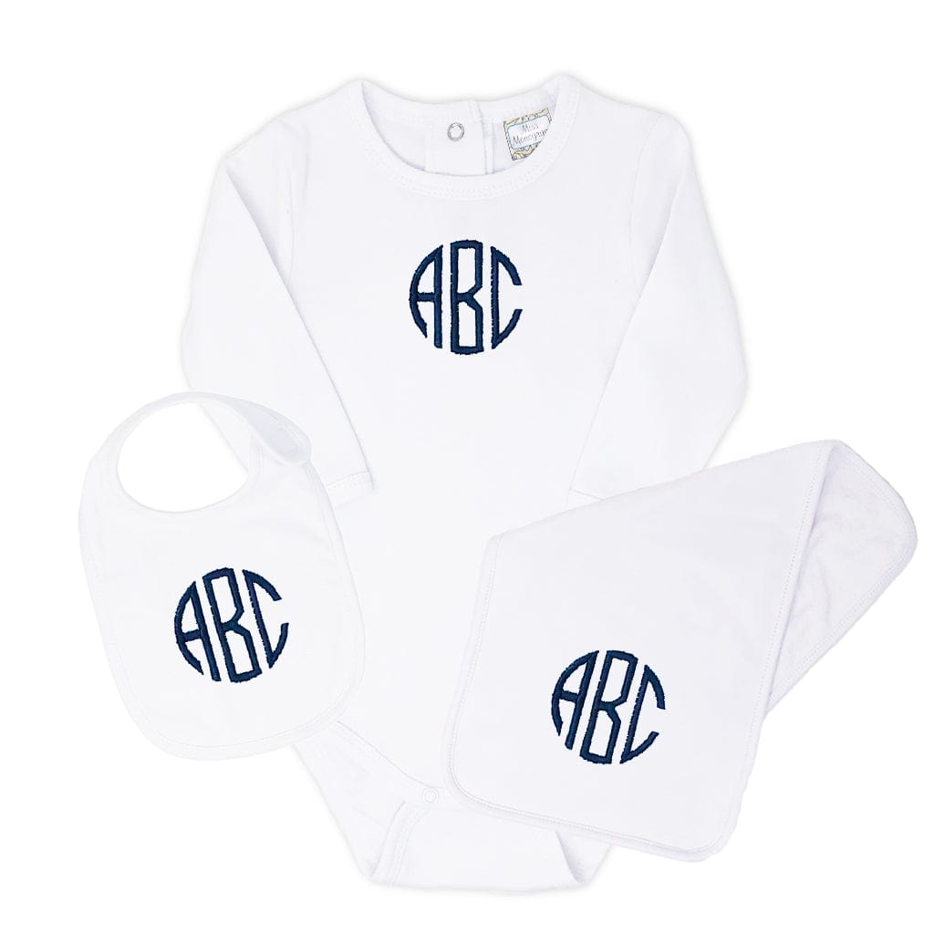 Monogrammed baby bodysuit, bib, and burp cloth set