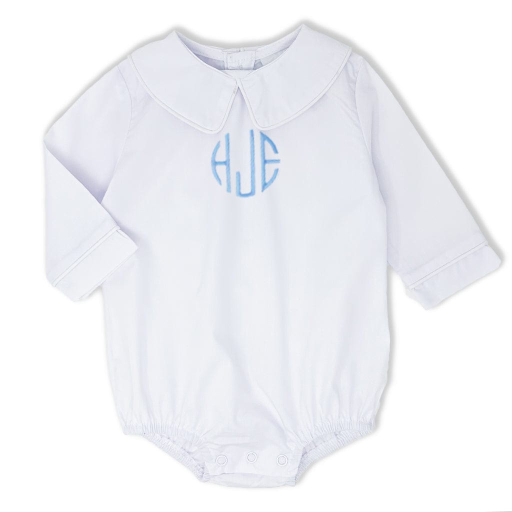 Boy's white bodysuit with blue monogram on chest