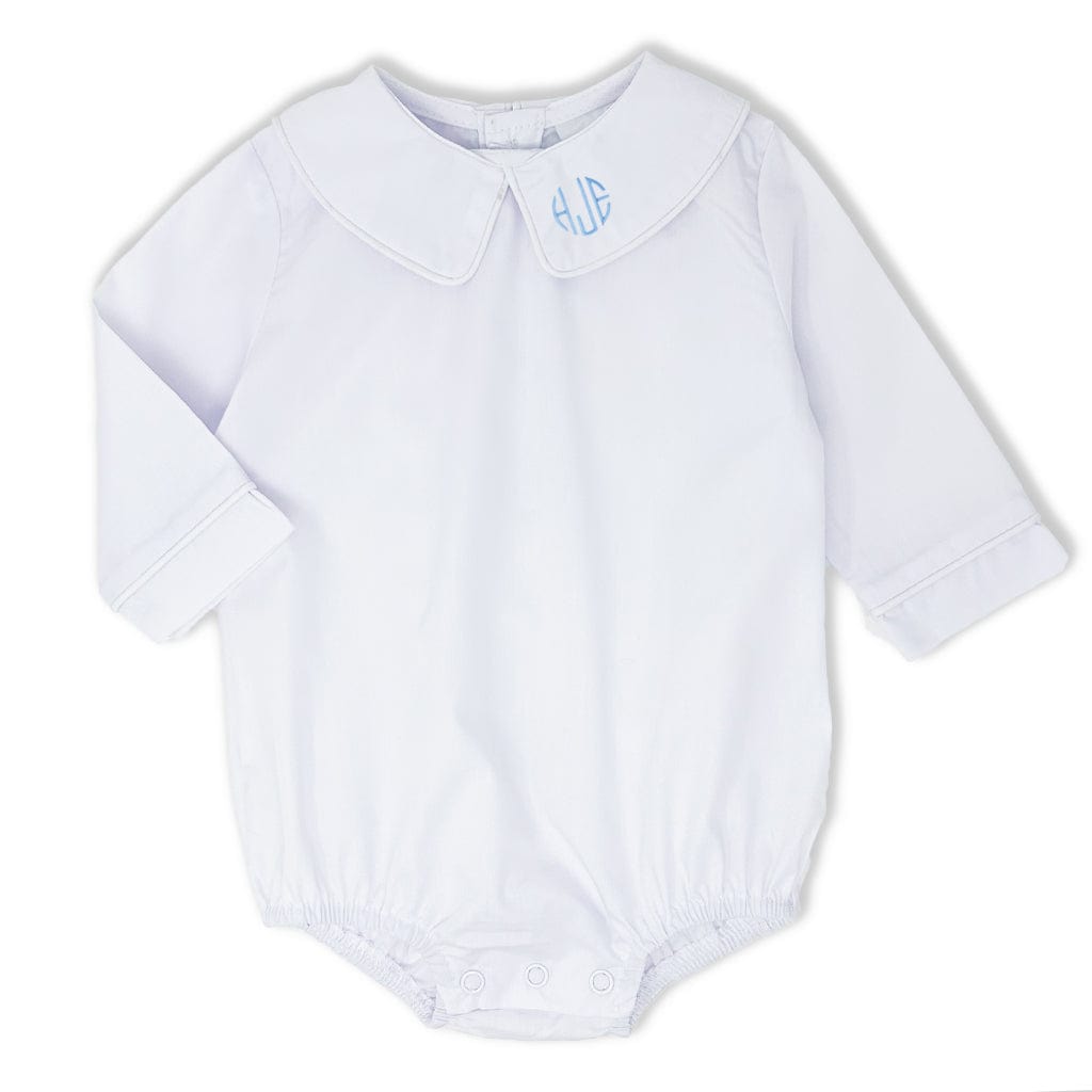 Boy's white bodysuit with collar and monogram.