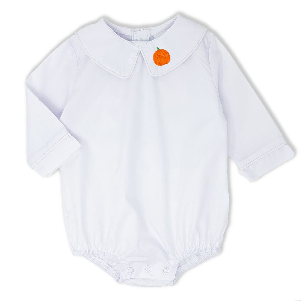 White baby romper with a small orange design on a white background