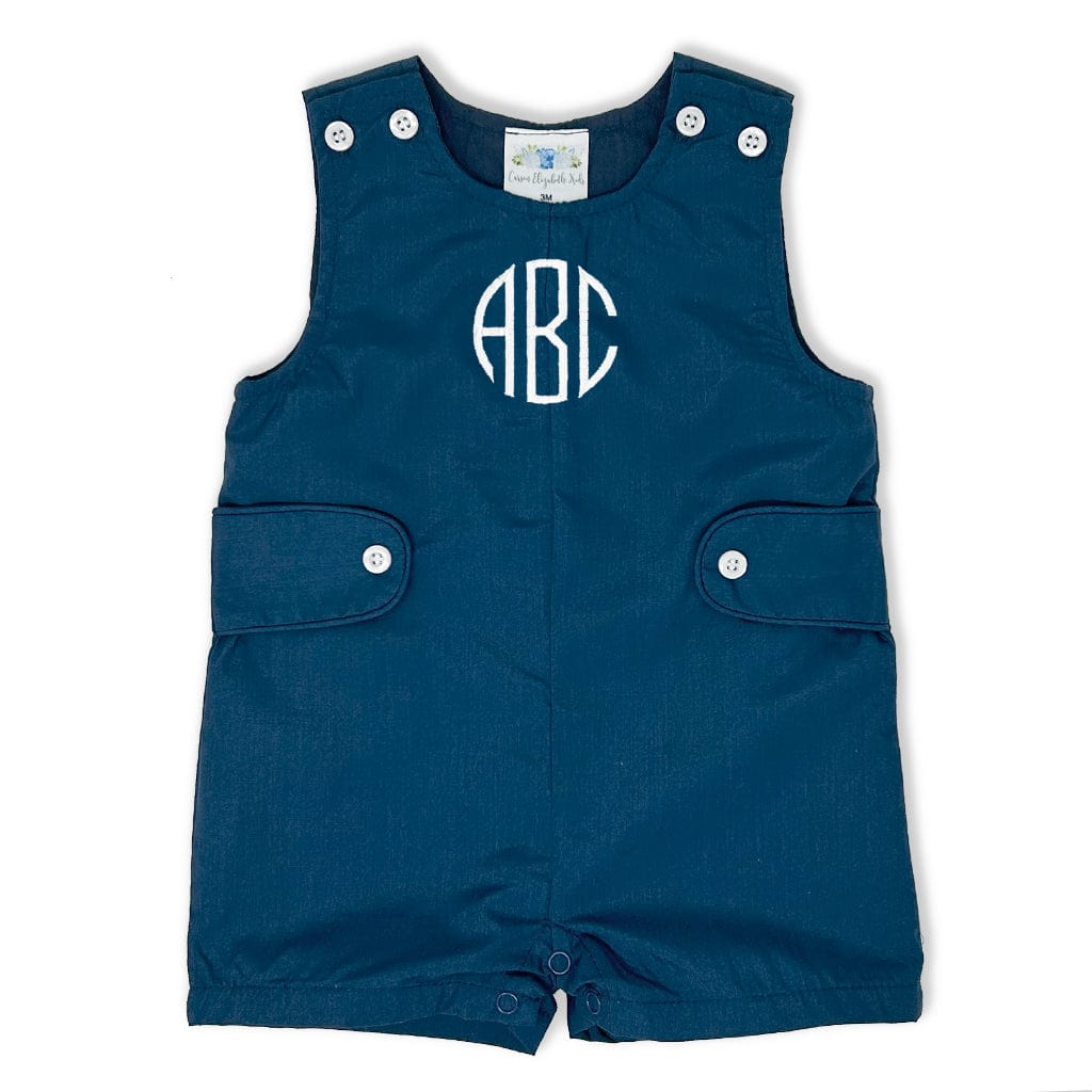 JonJon's navy romper with monogram.