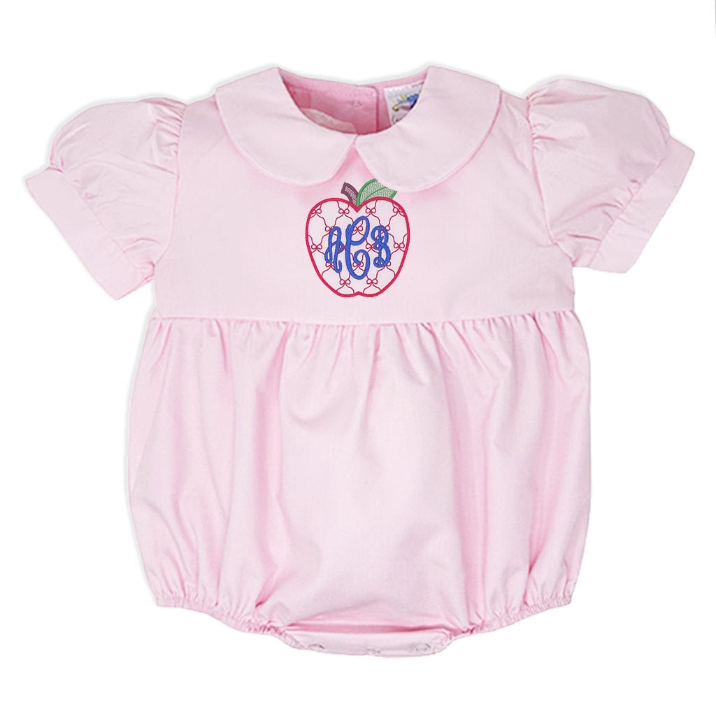 Pink baby romper with apple design and monogram