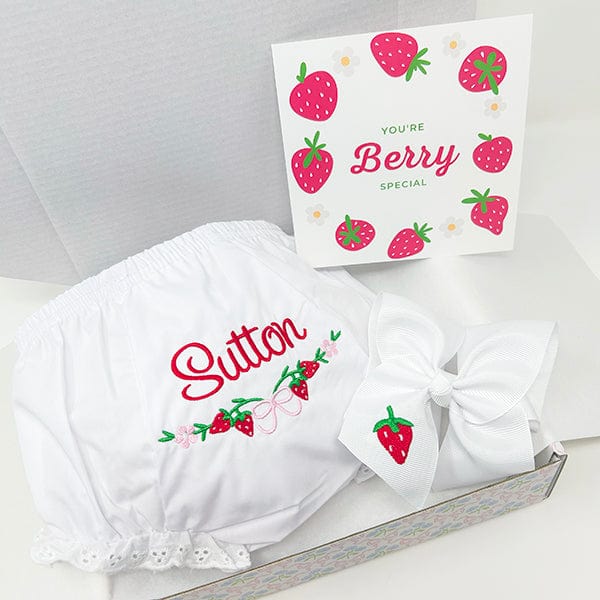 White baby bloomers & bow with strawberry details, Sutton