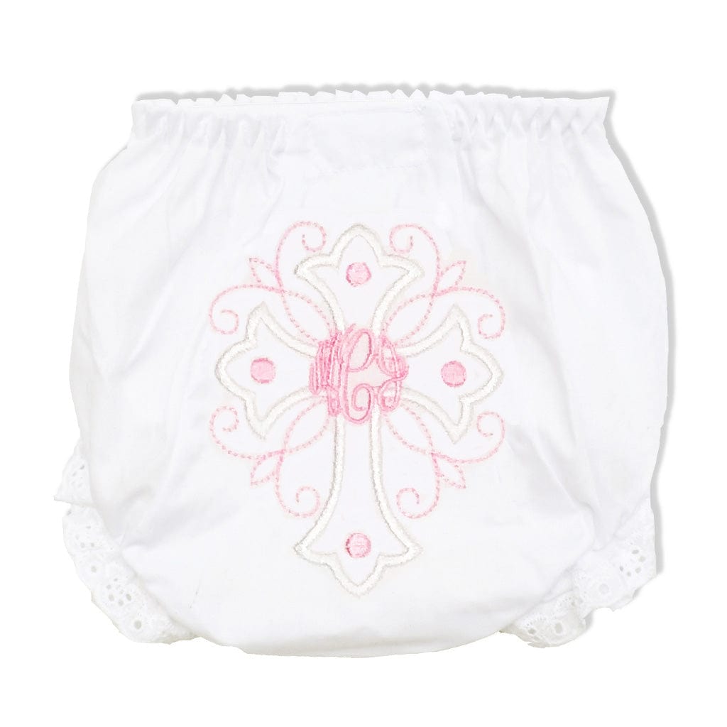 Monogrammed Easter Cross Baby Bloomers, Pink and White Miss Monogram