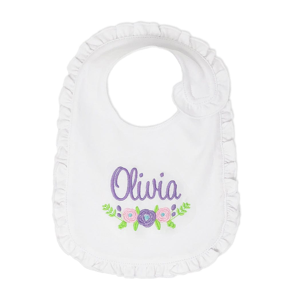 Embroidered ruffle bib with Olivia