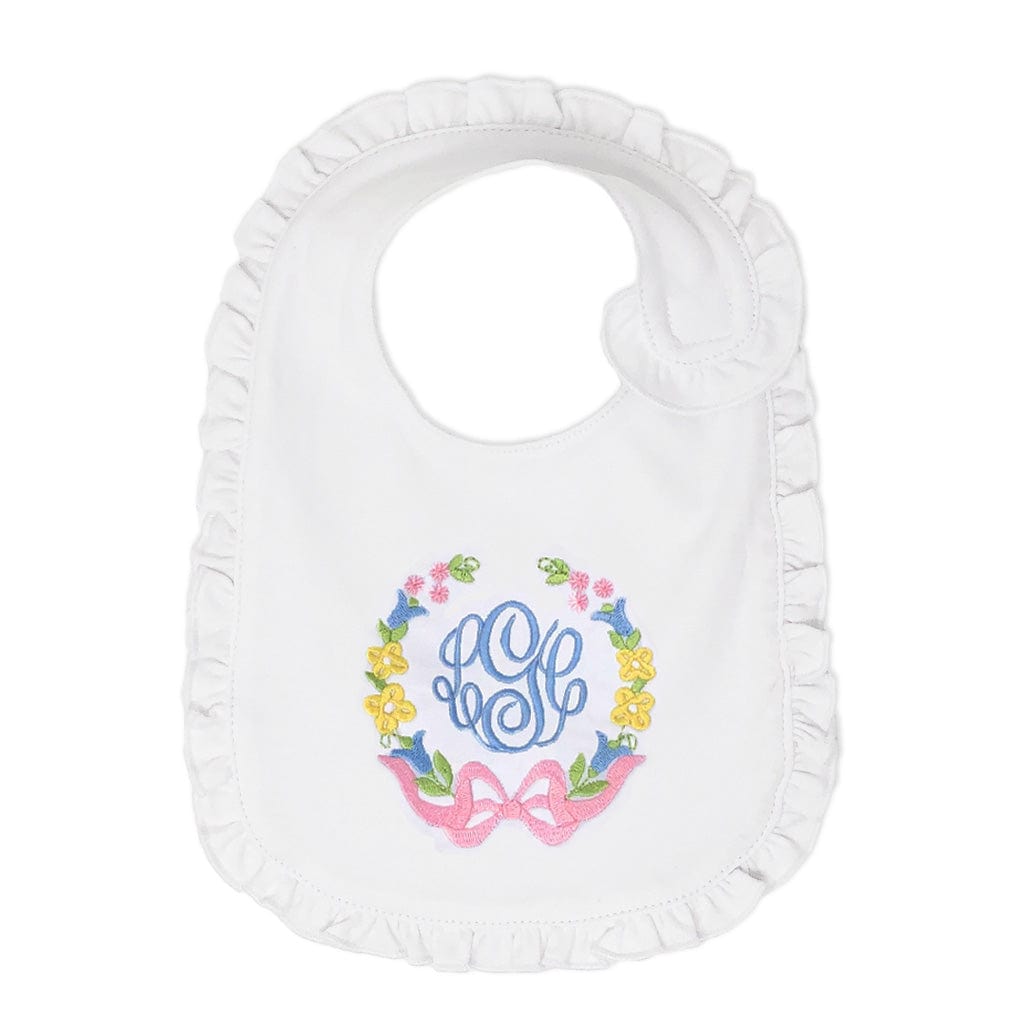 Pastel floral ruffle bib with embroidered monogram