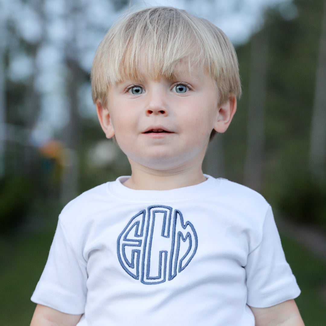 Monogrammed toddler boy clothes, toddler boy in a white tee