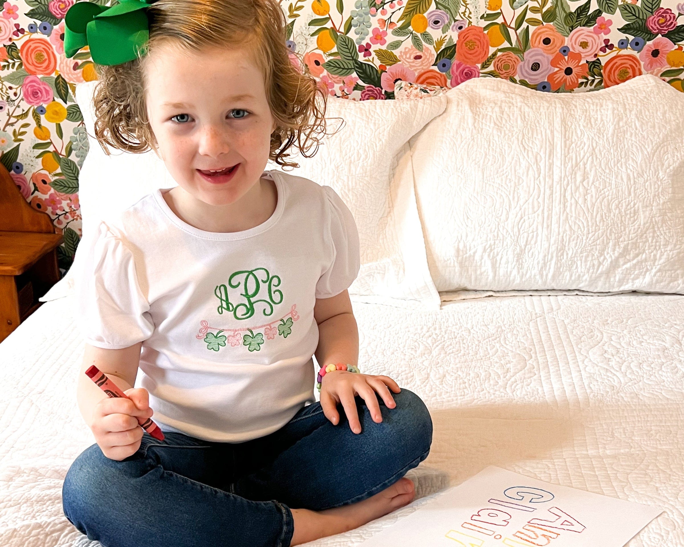 Girl with monogrammed shirt coloring, 5x4 image