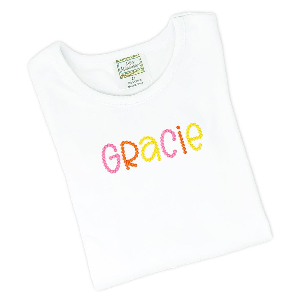 White TShirt with Pink Orange and Yellow Monogram