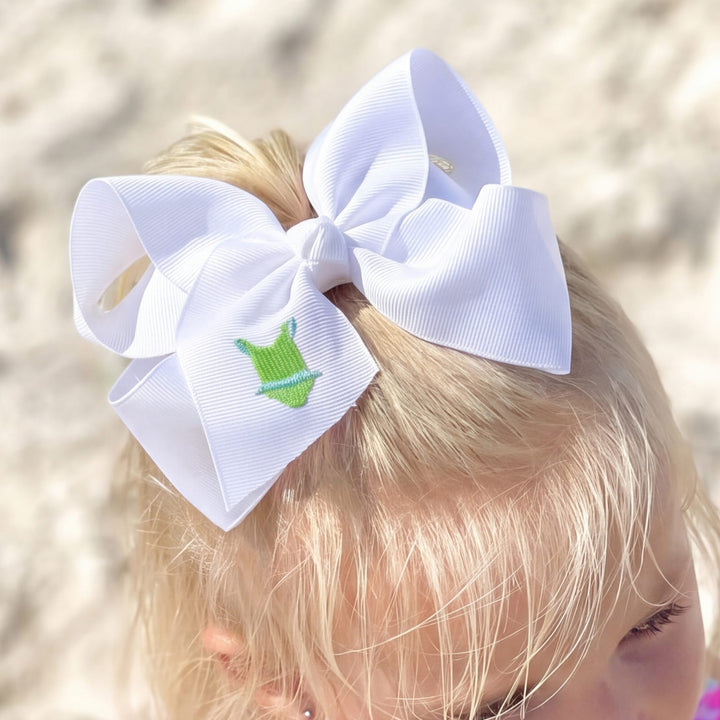 White Hair Bow with Green and Aqua bathing Suit embroidery