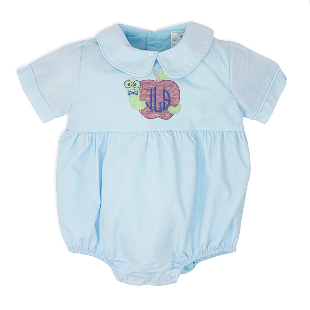 Boys blue bubble romper with embroidered bookworm design and monogram