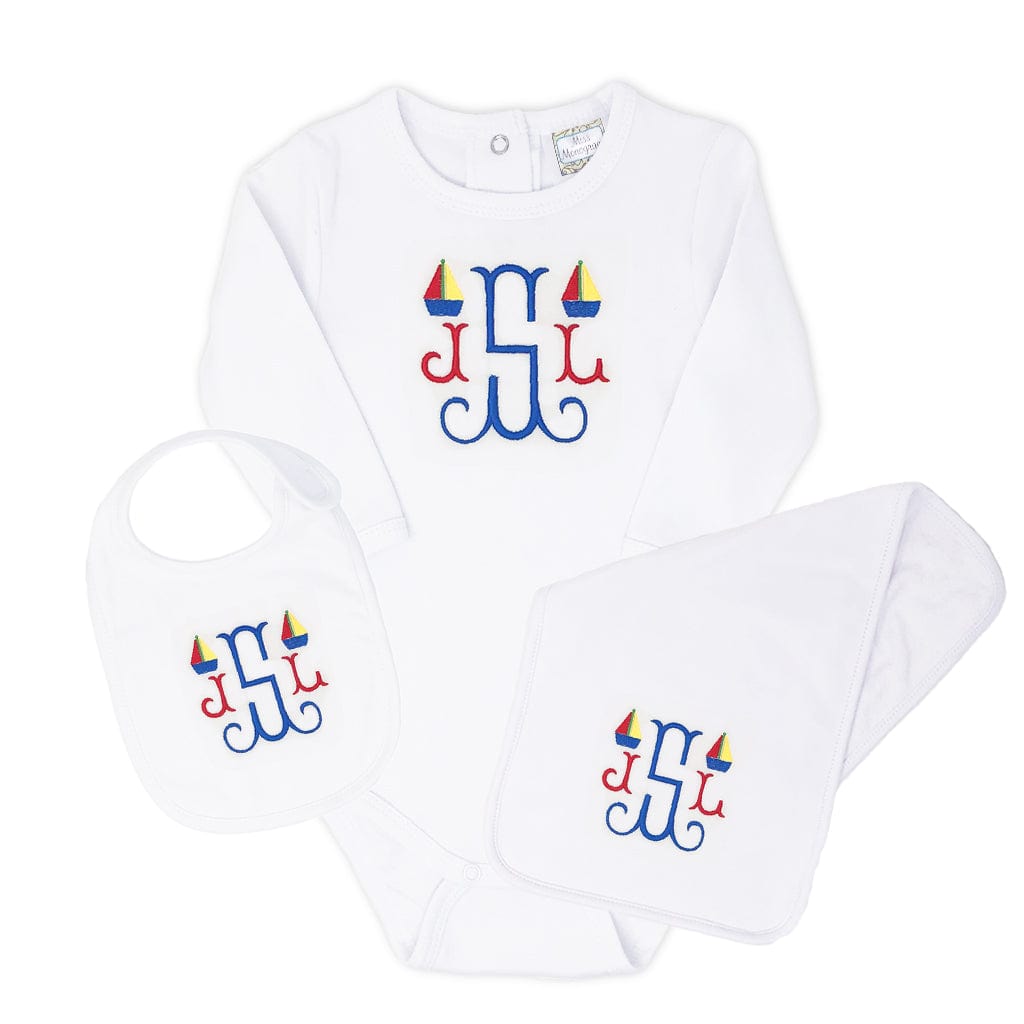 Boy's sailboat bodysuit, bib, & burp cloth set