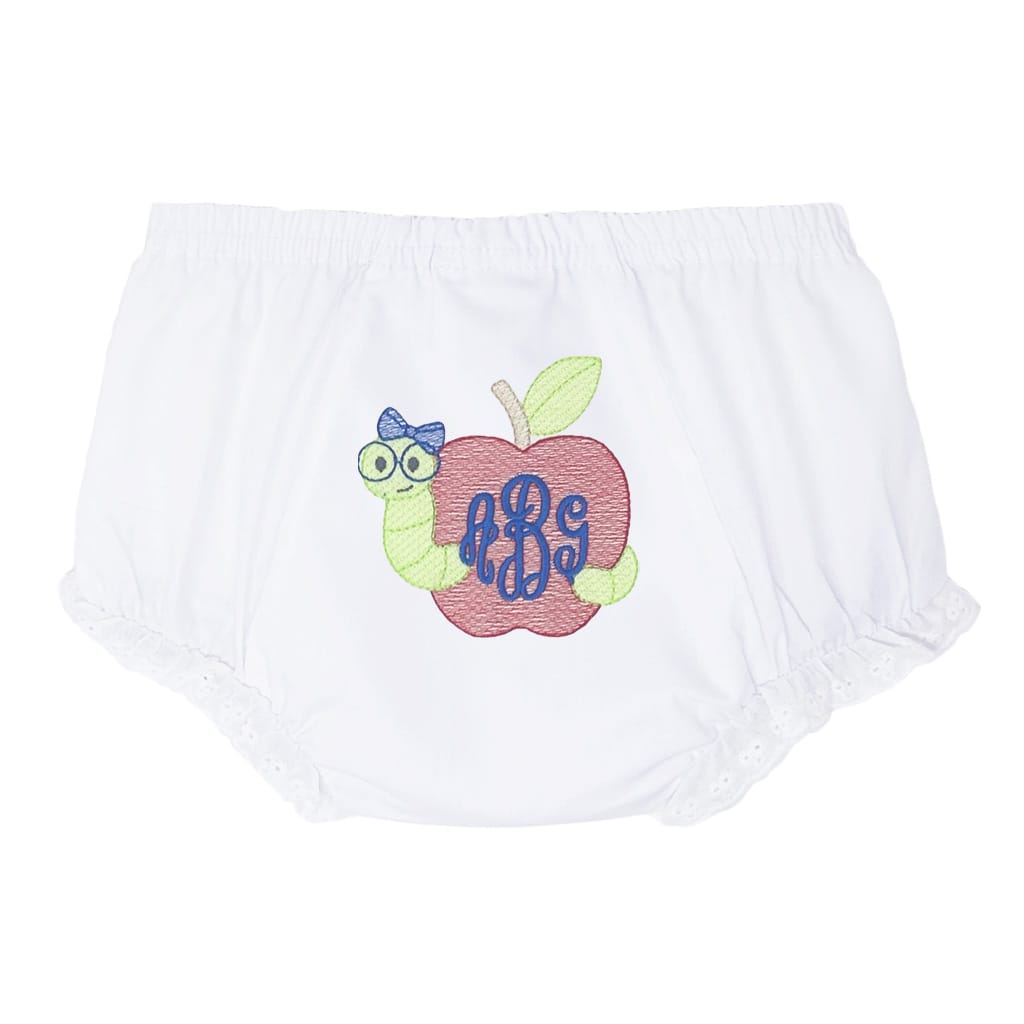 Girls bloomers with embroidered bookworm design and monogram