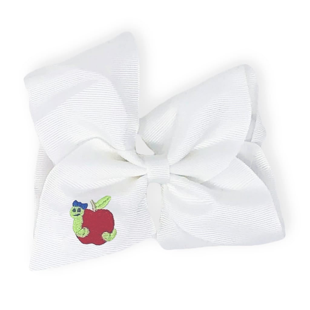 Girls hair bow with embroidered bookworm design