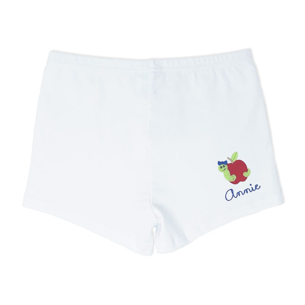Girls cartwheel shorts with embroidered bookworm design and monogram