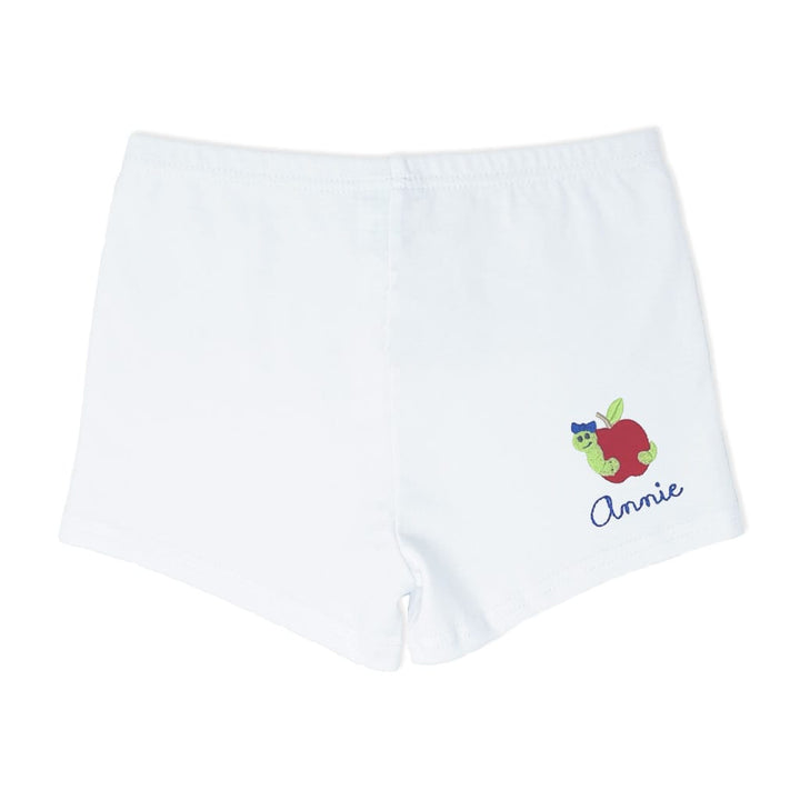 Girls cartwheel shorts with embroidered bookworm design and monogram