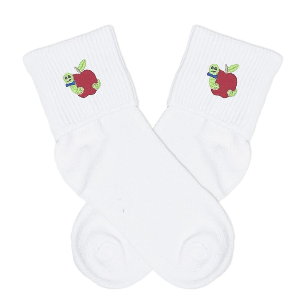 Children's fold over socks with embroidered bookworm design