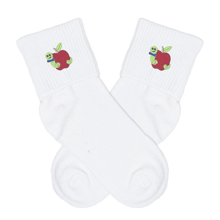 Children's fold over socks with embroidered bookworm design