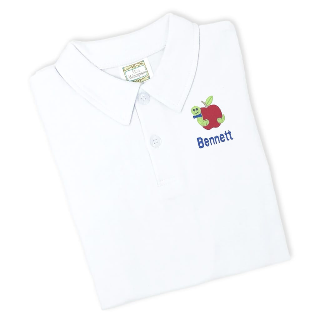 Boys polo shirt with embroidered bookworm design and monogram