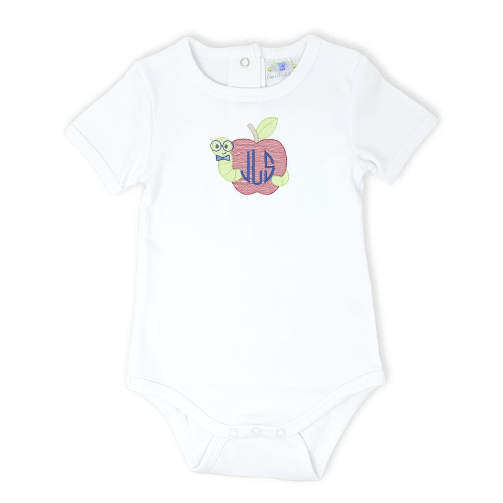 Boys bodysuit with embroidered bookworm design and monogram