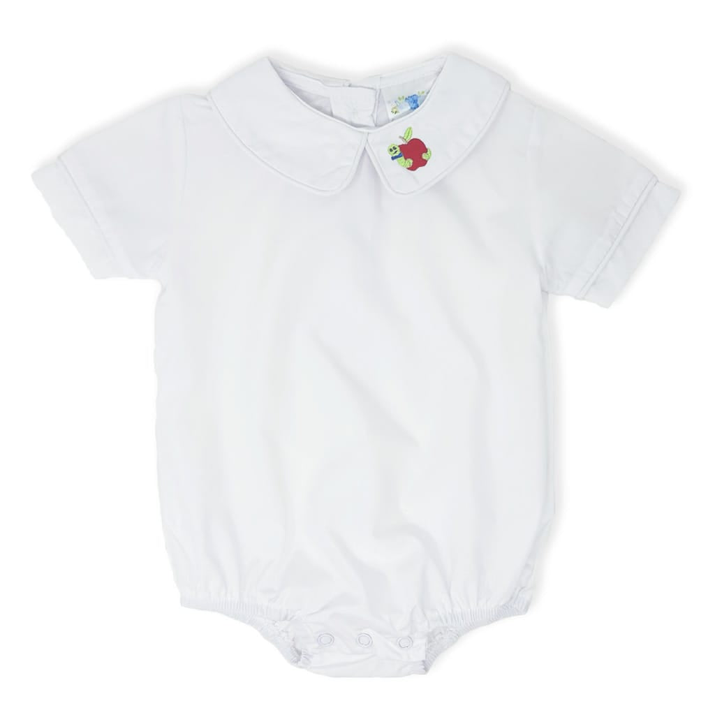 Boys white peter pan collar bodysuit with embroidered bookworm design