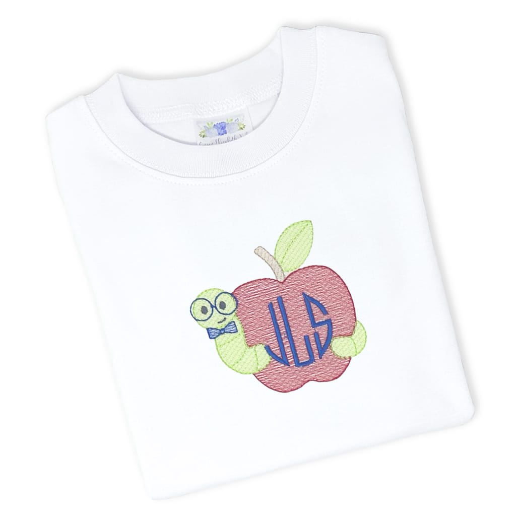 Boys tee with embroidered bookworm design and monogram