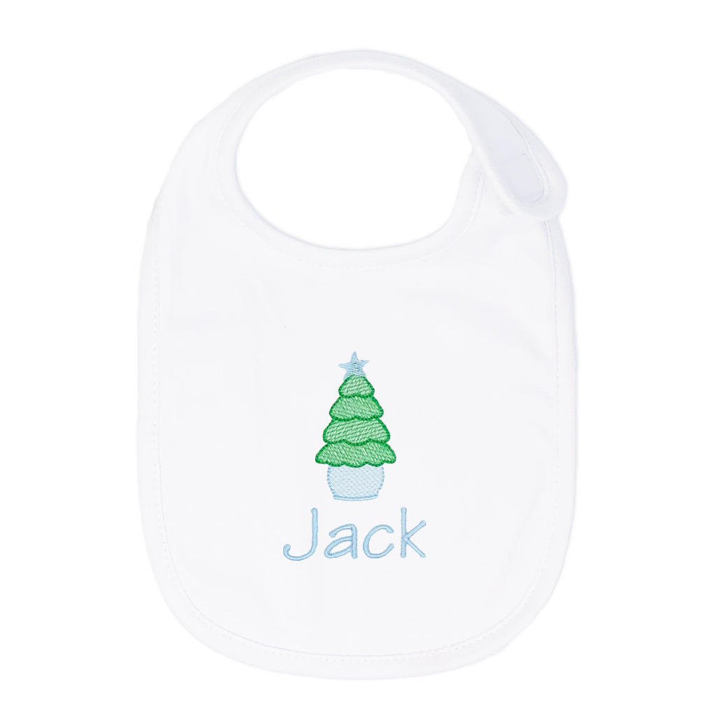 Preppy boy holiday bib for babies with Christmas tree embroidery and monogram.