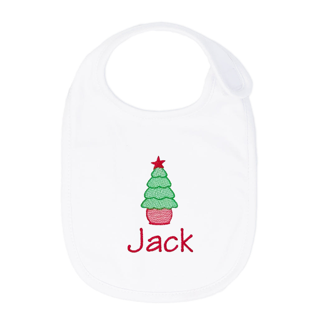 Classic Christmas baby boy bib with embroidered monogram, perfect for holiday meals