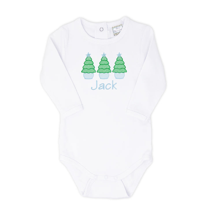 Christmas Tree onesie with a classic embroidered monogram for baby's first holiday season