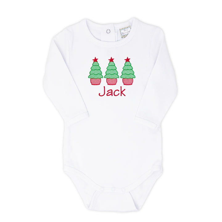 Holiday-themed onesie for boys with Christmas tree embroidery, perfect for cozy festivities.