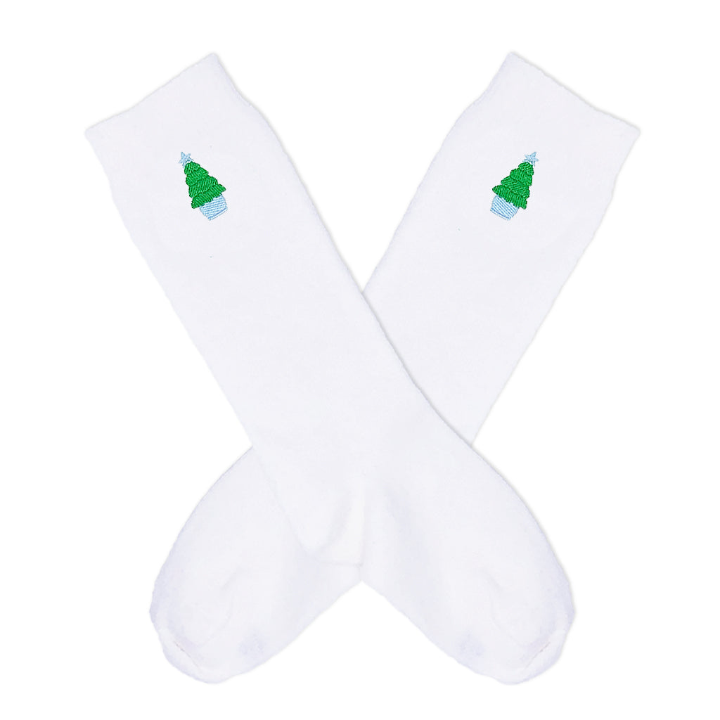 Preppy Boy holiday Knee socks with Christmas tree embroidery, cozy and festive.