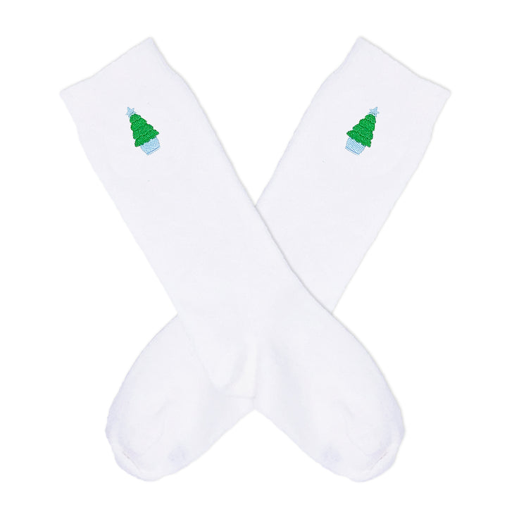 Preppy Boy holiday Knee socks with Christmas tree embroidery, cozy and festive.