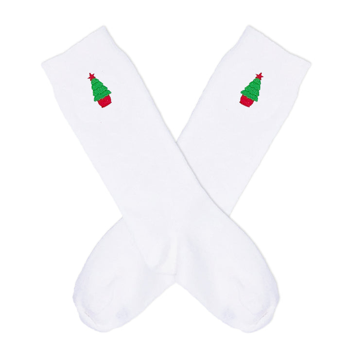 Classic Christmas knee socks with embroidered holiday details, perfect for the season.