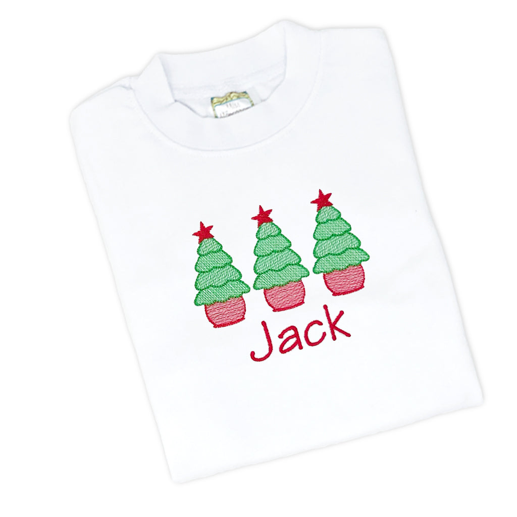 Classic boys' tee shirt with embroidered Christmas tree and monogram for a festive holiday look.