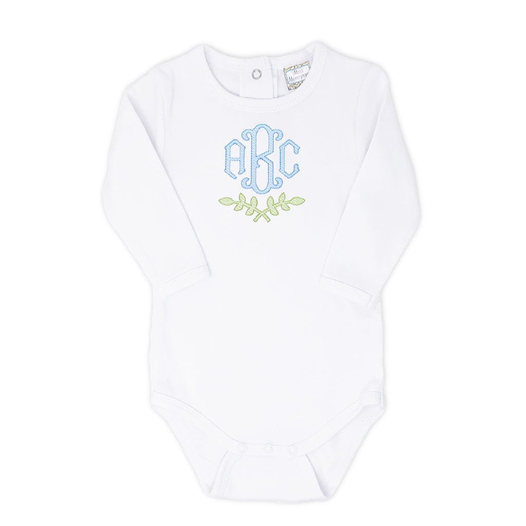 Boys White Personalized Bodysuit with Blue Fishtail Monogram and Green Laurel design
