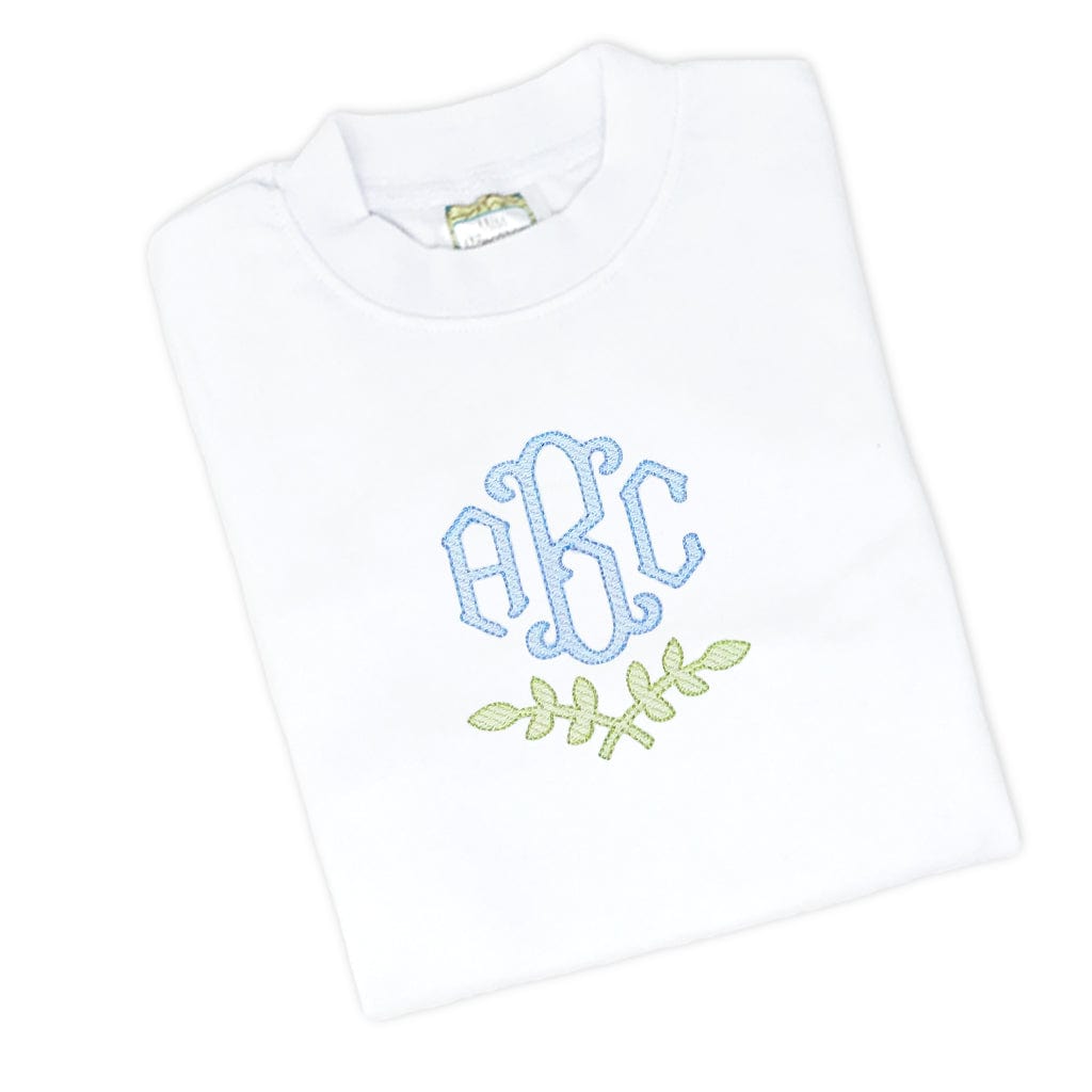 Boys White Monogrammed Shirt with Fishtail Font and Green Laurel design