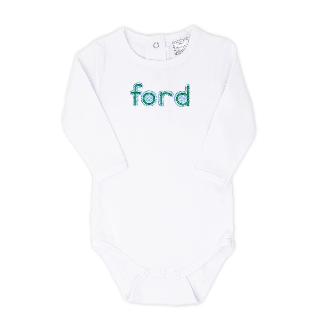 Boys personalized bodysuit with blue and green monogrammed gingham font