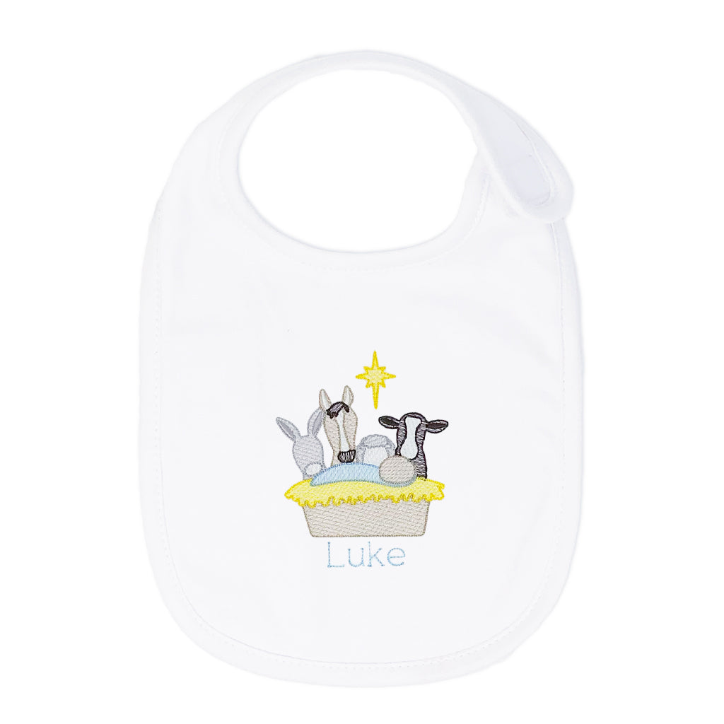 Embroidered nativity scene bib for boys, a classic Christmas choice