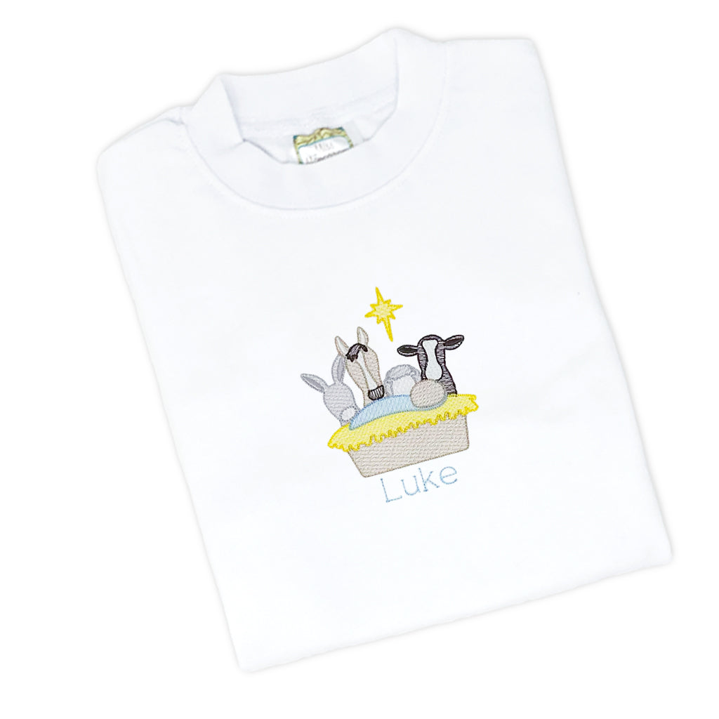 Embroidered boys' Christmas tee with nativity scene, perfect for family gatherings and Christmas Church service