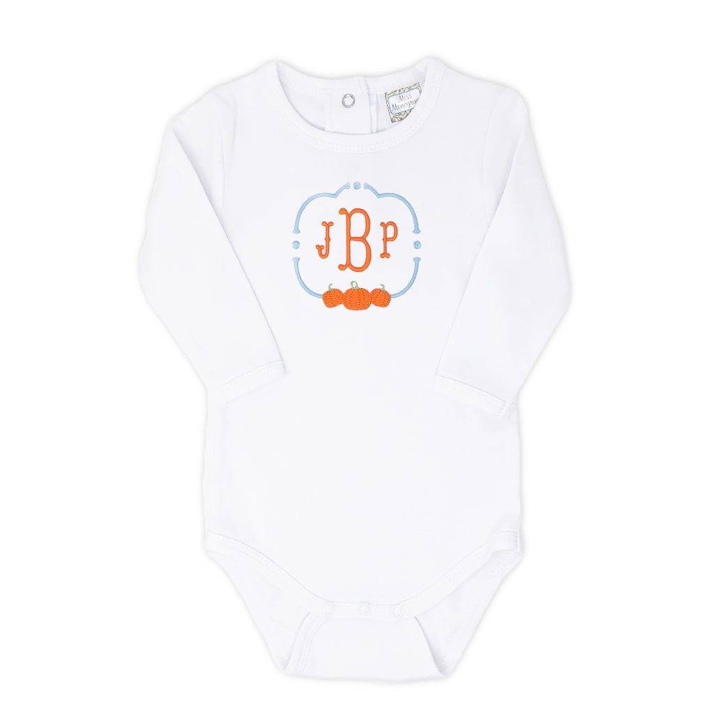 Personalized fall boy onesie with pumpkin embroidery and monogram