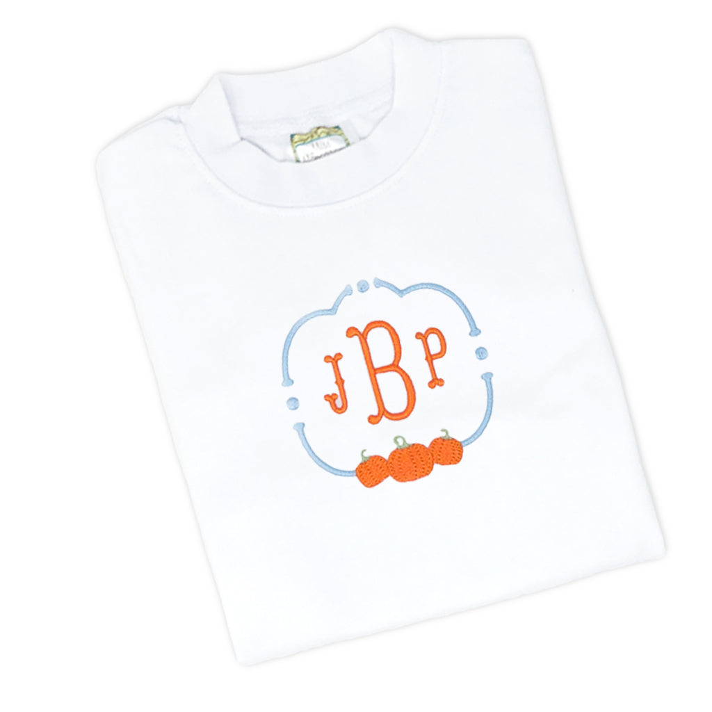 Boys Thanksgiving-inspired tee shirt with monogram and embroidered pumpkins