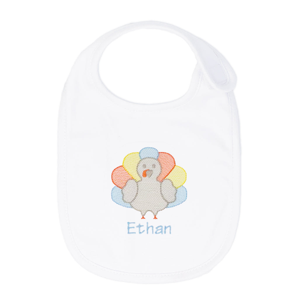 Personalized thanksgiving baby boy bib with preppy turkey