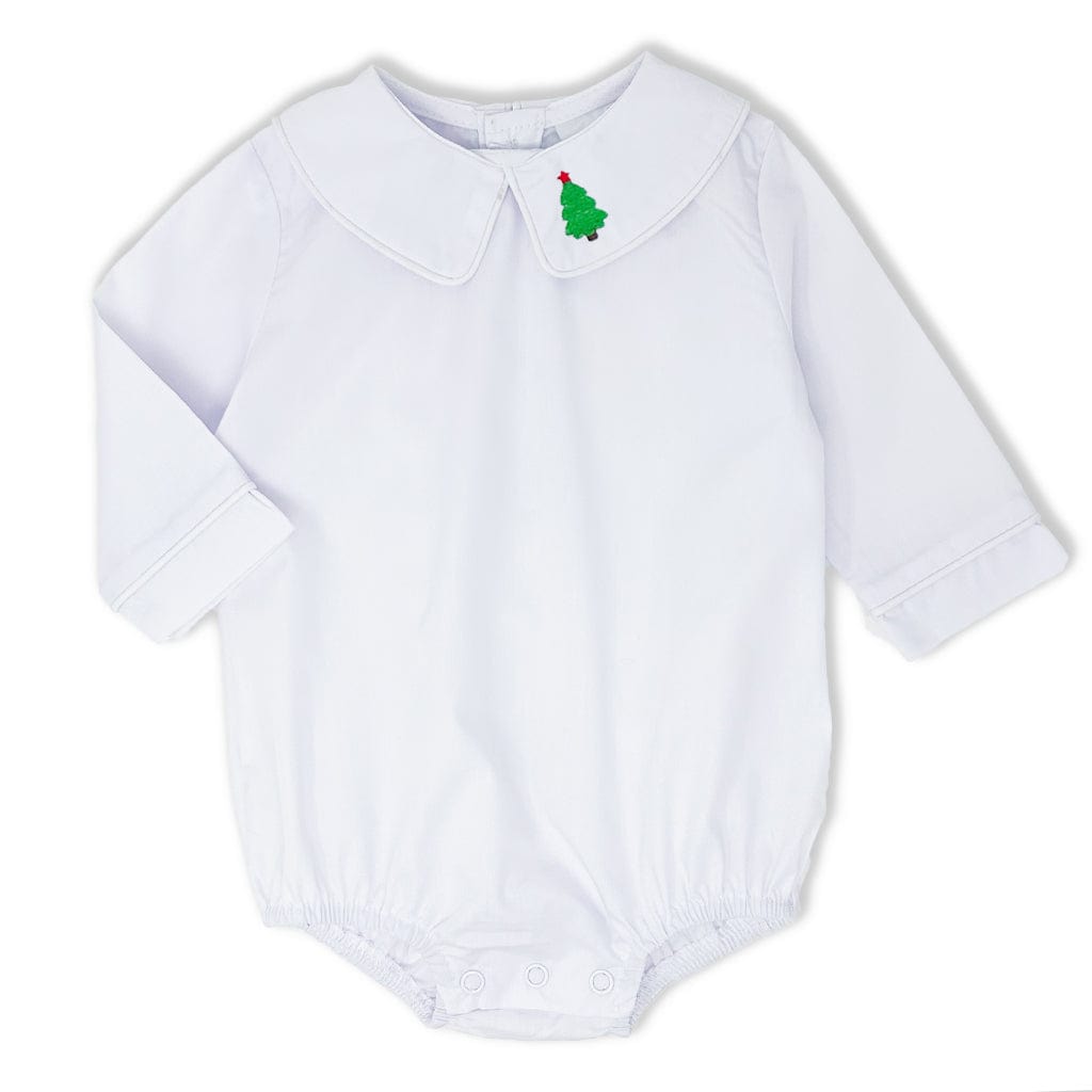 White Peter Pan Collar Bodysuit with Christmas Tree Embroidery