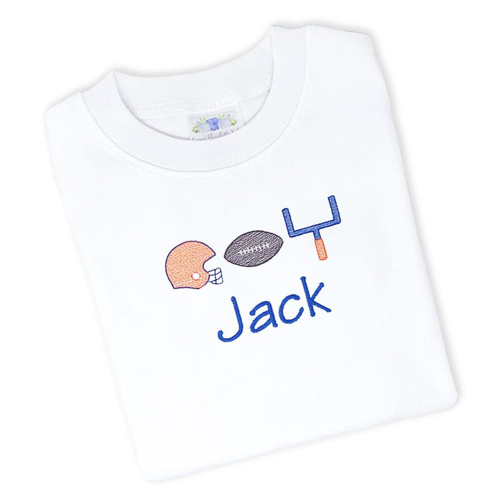 Boys football tee with an embroidered name stitched in team colors
