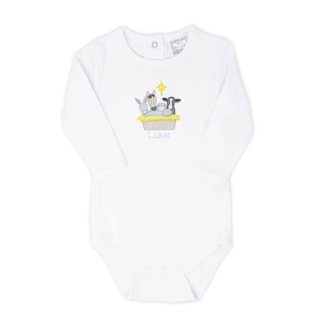 Personalized nativity onesie for baby, a classic holiday favorite to celebrate the birth of Jesus.