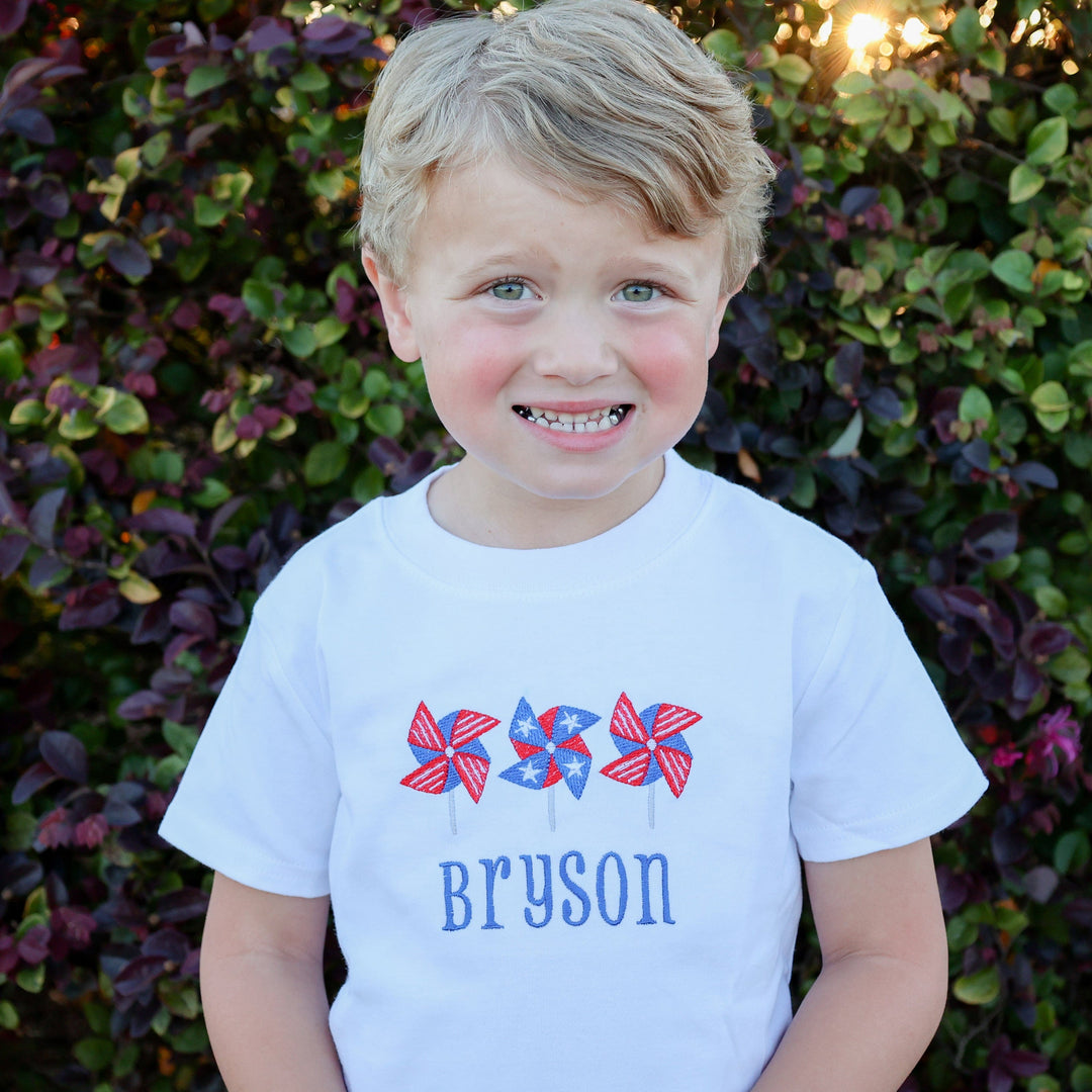 Bryson in patriotic pinwheel shirt