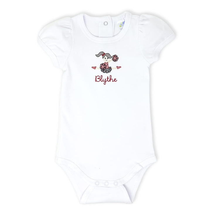 Baby girl bodysuit with an embroidered cheerleader design and name in team colors